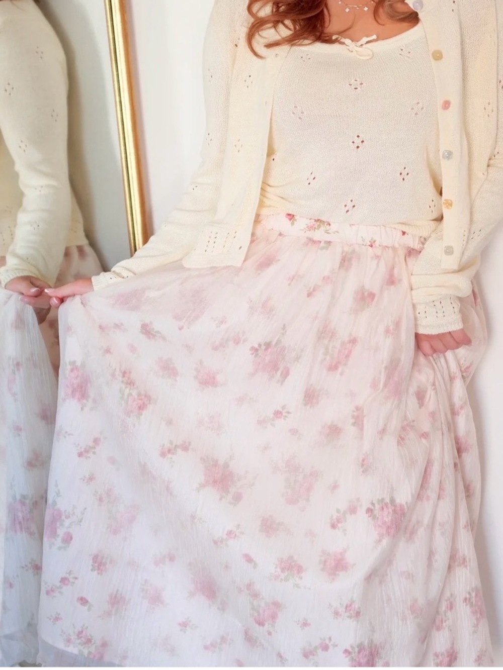Rosie Posie Women's Pink Floral Midi Maxi Skirt - Soft Romantic Print size large